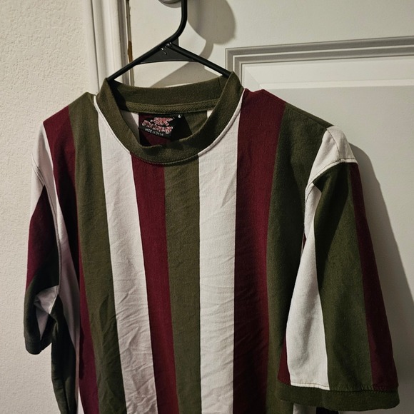 Men's Striped T Shirt Olive Burgundy White Size L - Picture 2 of 5